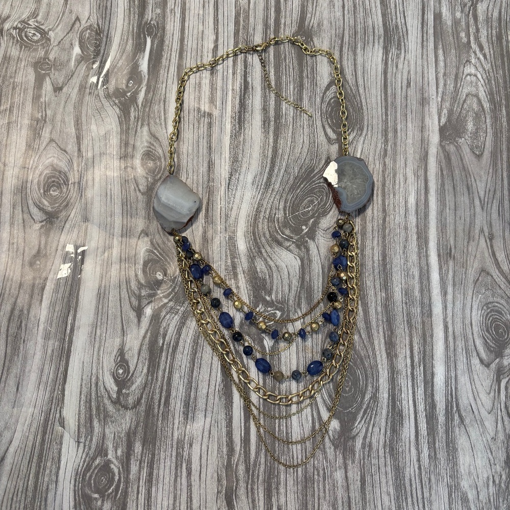 Boho Statement Necklace- Gold Chains, Blue Beads & Agate Accents